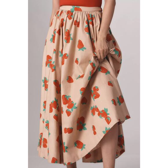 nwt ANTHROPOLOGIE MAEVE sz S The Jacie Poplin Strawberry Printed Midi Skirt - Picture 2 of 6